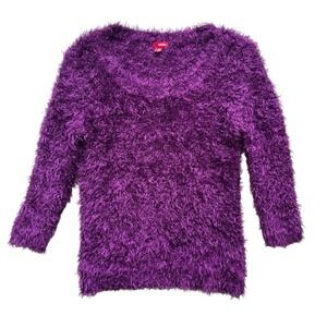 Bongo Women M Purple Eyelash Knit Fuzzy Sweater Scoop Neck 3/4 Sleeves Y2K Bratz